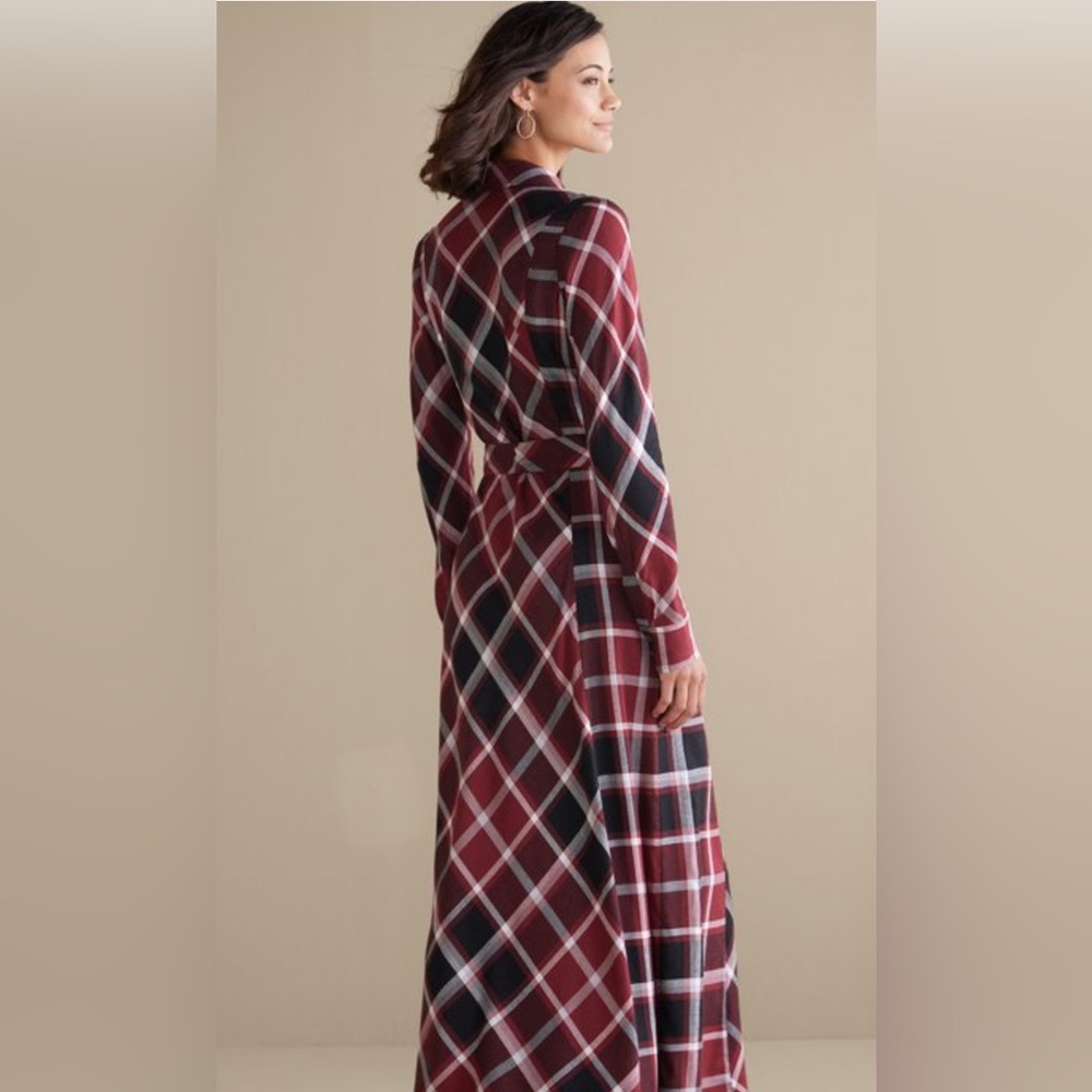 Soft Surroundings Burgundy Plaid Long Sleeve Dress - Picture 2 of 3